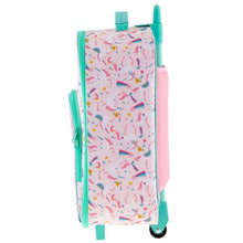 Load image into Gallery viewer, Side panel view of the pink unicorn suitcase.