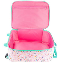 Load image into Gallery viewer, Interior view of the pink unicorn suitcase. The lid features a zipper-closing pocket.