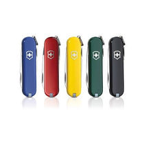 Load image into Gallery viewer, The five different colors of the Swiss Army Classic SD Knife: Blue, Red, Yellow, Green, and Black facing front on a white background. Each has a small Victornox logo.