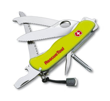 Load image into Gallery viewer, Swiss army knife with tools fanned out. It includes a seat belt cutter, window breaker and disc saw to cut through shatterproof glass.