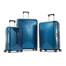 Load image into Gallery viewer, The large, medium and carry-on versions of the blue suitcase arranged on a white background.