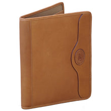 Load image into Gallery viewer, Front Angled View of the Tan leather pad. Set on a white background. The front features an embossing of the Santa Fe logo.