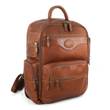 Load image into Gallery viewer, Angled front view of the tan leather backpack.