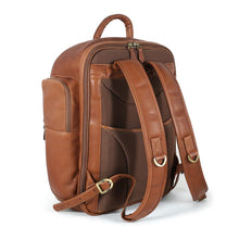 Load image into Gallery viewer, Angled back panel view of the tan leather backpack, featuring adjustable shoulder straps.