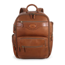 Load image into Gallery viewer, Front panel view of the tan leather backpack with zipper-closing pockets.