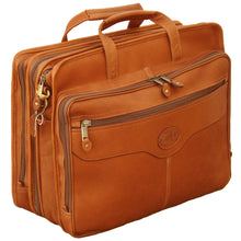 Load image into Gallery viewer, Angled front panel view of the tan leather briefcase.