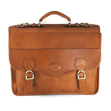 Load image into Gallery viewer, Front panel view of the tan leather brief case.