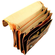 Load image into Gallery viewer, Interior view of the tan leather briefcase, featuring divided compartments.