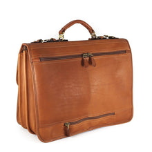 Load image into Gallery viewer, Back Panel View of the tan leather briefcase. It features two zipper pockets.
