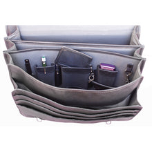 Load image into Gallery viewer, Interior view of the brown leather  briefcase, it features organization pockets.