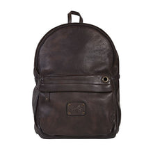 Load image into Gallery viewer, Front panel view of the dark brown leather backpack.