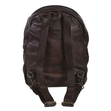 Load image into Gallery viewer, Back panel view of the dark brown leather backpack, featuring adjustable straps.