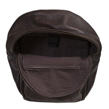 Load image into Gallery viewer, Top view of a dark brown leather backpack with the main compartment unzipped. The front panel features a pocket.