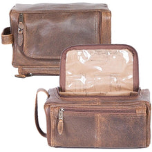 Load image into Gallery viewer, Top view of the shave kit with a front panel view showing the top panel unzipped.