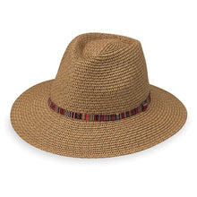 Load image into Gallery viewer, Front Angled View of the sun hat in Camel. it has a strap with colorful designs.