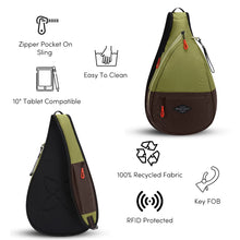 Load image into Gallery viewer, Shoulder Bag Details: Zipper Pocket on sling, 10" tablet compatible, Easy to clean, 100% recycled fabric, RFID protected, Key FOB.