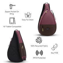 Load image into Gallery viewer, Details for Sling Bag: Zipper pocket on sling, 10-inch tablet compatible, easy to clean, 100% recycled fabric, key FOB, RFID protected