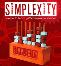 Load image into Gallery viewer, The Simplexity game board with game pieces arranged on it. Set on a red background with a pattern of gears and a white Simplexity logo.