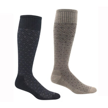 Load image into Gallery viewer, Side view of two compression socks, a black and a gray one.