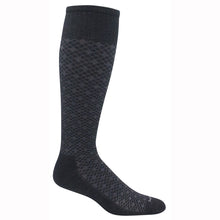 Load image into Gallery viewer, Side view of the black sock with diamond pattern.