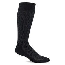 Load image into Gallery viewer, Side view of black sock with a gray diamond pattern.