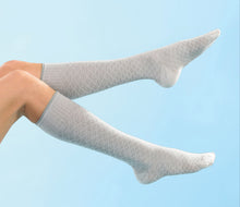 Load image into Gallery viewer, A model using a pair of light gray compression socks with a pattern of overlapping circles.