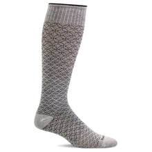 Load image into Gallery viewer, Side view of the light gray compression sock with a pattern of overlapping circles.