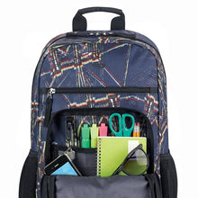 Load image into Gallery viewer, Front panel close up with the front pocket opened and filled with stationery, glasses, a phone, and keys.