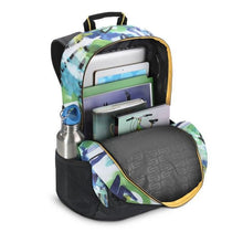 Load image into Gallery viewer, Angled front panel view with the main compartment unzipped and filled with books and a laptop. The side panel has a water bottle tucked in.