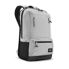 Load image into Gallery viewer, Angled front view of the gray backpack.