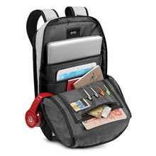 Load image into Gallery viewer, Angled view of the gray backpack with the main compartment unzipped. Stationary, accessories and electronics are arranged in the compartments.