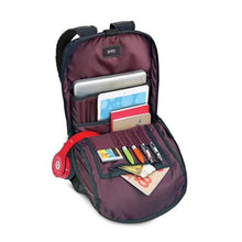 Load image into Gallery viewer, Angled view of the black backpack with the main compartment unzipped. Stationary, accessories and electronics are arranged in the compartments.