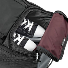 Load image into Gallery viewer, Bottom panel close up. The shoe compartment is opened with a pair of sneakers tucked inside.