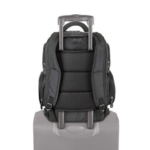 Load image into Gallery viewer, Back panel view showing the backpack's attachment feature holding it to the telescopic handle of a suitcase.