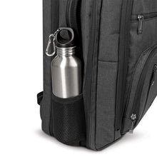 Load image into Gallery viewer, Side panel view of the backpack with a water bottle in the pocket. (not included).