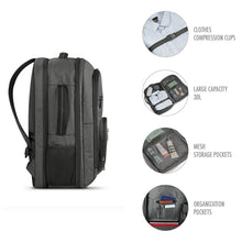 Load image into Gallery viewer, Side panel view of the backpack with four features: Compression clips for clothes, 30 liter capacity, mesh storage pockets, and organization pockets.