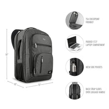 Load image into Gallery viewer, Angled front panel view with four features: TSA Checkpoint Friendly, Padded 17.30-inch laptop compartment, mesh side pockets, back strap slides over luggage handle.