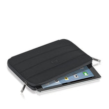 Load image into Gallery viewer, Angled view of the sleeve with a tablet peeking from the compartment.