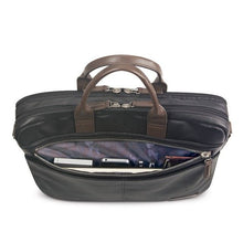 Load image into Gallery viewer, Top view with the front pocket unzipped. The compartments are filled with stationery and a cellphone.