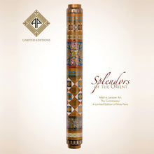 Load image into Gallery viewer, Front view of the Splendors of the Orient Pen. The AP Limited Editions logo is featured on the left of the pen. To the right the text reads: Splendors of the Orient Maki-e Lacquer Art, The Connoisseur, A Limited Edition of Nine Pens.