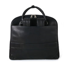 Load image into Gallery viewer, Back panel view of the black leather briefcase with the shoulder straps tucked in.