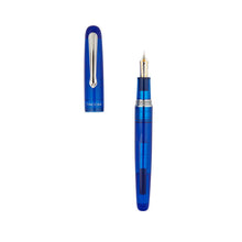 Load image into Gallery viewer, Front view of the Ocean Blue Fountain pen with the cap set to the side.