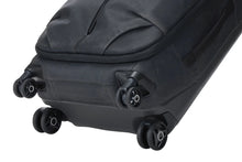 Load image into Gallery viewer, Angled bottom panel view of the suitcase, featuring the four spinner wheels.