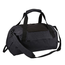 Load image into Gallery viewer, Angled front panel view of the black duffle bag.