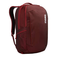 Load image into Gallery viewer, Angled front panel view of the ember red backpack.