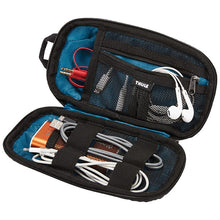 Load image into Gallery viewer, Interior view of the bag with cables and a battery bank organized in the pockets.