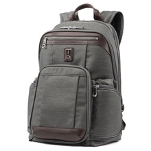 Load image into Gallery viewer, Angled front panel view of the light gray backpack with brown accents.