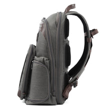 Load image into Gallery viewer, Side panel view of the gray backpack, showing the shoulder straps extended.
