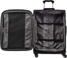 Load image into Gallery viewer, Interior view of the empty black suitcase. The front side has a zipper-closing pocket, and the main compartment a set of straps to hold your contents.