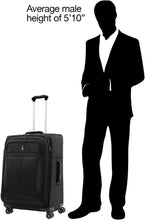 Load image into Gallery viewer, Angled front panel view of the suitcase placed next to a drawn 5-foot, 10-inch tall model.